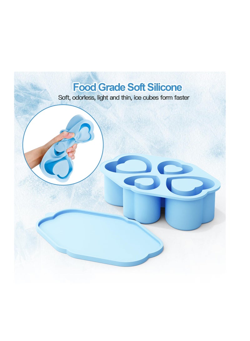 4-Cavity Ice Cube Tray for Stanley Cup, Silicone Hollow Heart Ice Mold with Lid for Freezer, Ice Drink, Juice, Whiskey, Cocktail,Perfect Compatible with Tumbler Cup 30 Oz, Blue