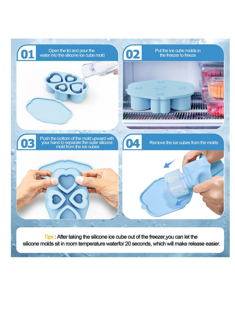 4-Cavity Ice Cube Tray for Stanley Cup, Silicone Hollow Heart Ice Mold with Lid for Freezer, Ice Drink, Juice, Whiskey, Cocktail,Perfect Compatible with Tumbler Cup 30 Oz, Blue