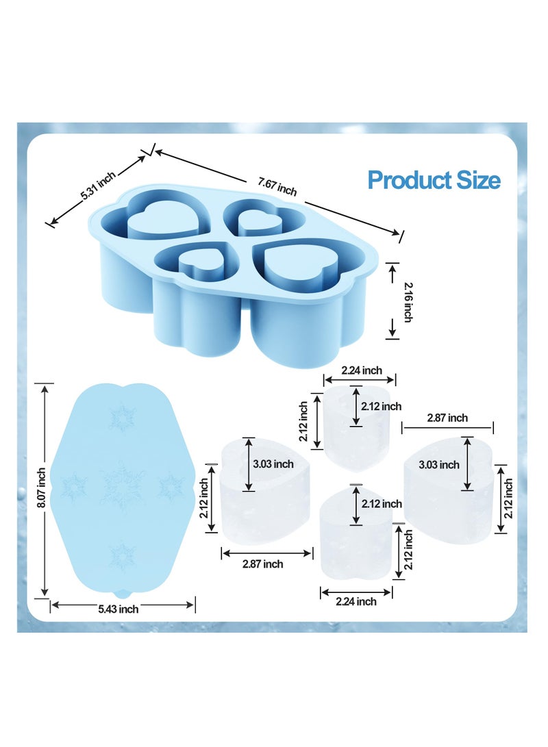 4-Cavity Ice Cube Tray for Stanley Cup, Silicone Hollow Heart Ice Mold with Lid for Freezer, Ice Drink, Juice, Whiskey, Cocktail,Perfect Compatible with Tumbler Cup 30 Oz, Blue