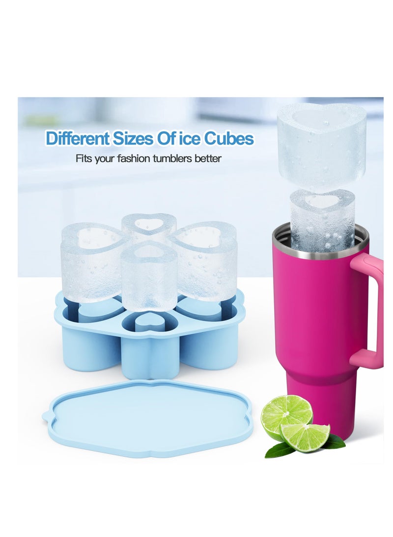 4-Cavity Ice Cube Tray for Stanley Cup, Silicone Hollow Heart Ice Mold with Lid for Freezer, Ice Drink, Juice, Whiskey, Cocktail,Perfect Compatible with Tumbler Cup 30 Oz, Blue