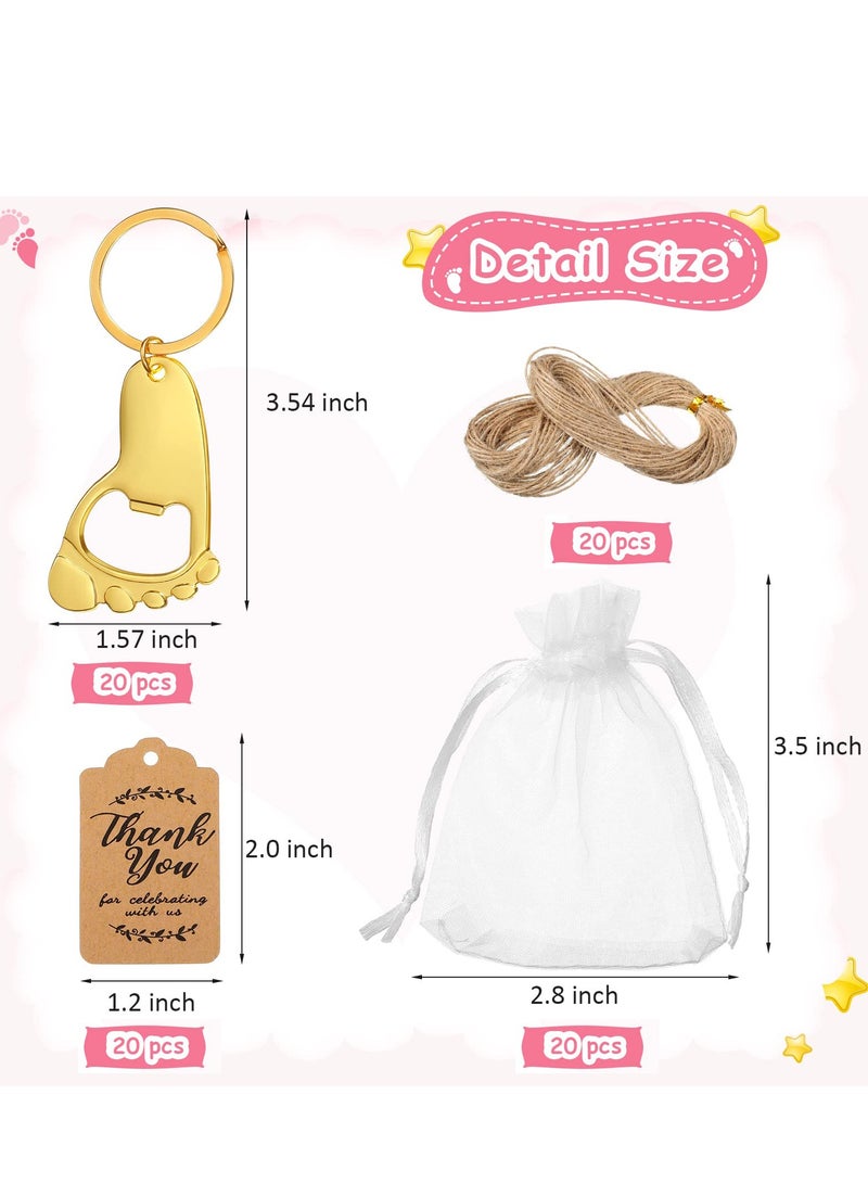 20 Pieces Footprint Keychain Bottle Opener Baby Shower Favors for Guest Baby Shower Souvenirs Bottle Opener Supplies and Decorations with Organza Bags Tags and Rope (Gold)