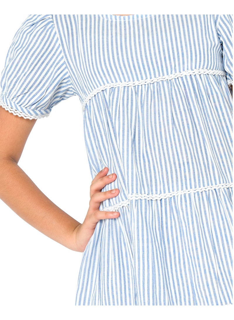 Pure cotton sky blue stripe knee length dress with short sleeve for girls