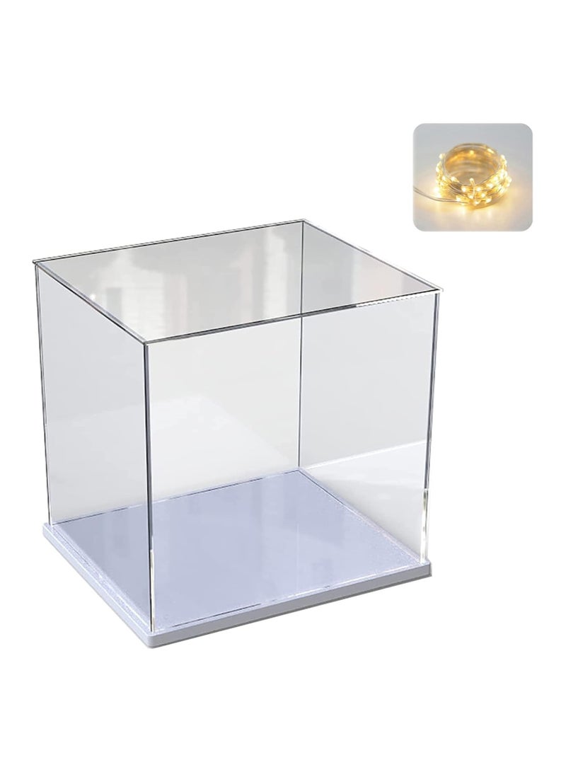 Clear Acrylic Display Case for Toys Collectibles,Assemble Transparent Acrylic Box Dustproof Protection Showcase with White Wood-Plastic Base and Lamp Beads (30x30x30cm/11.8x11.8x11.8in)