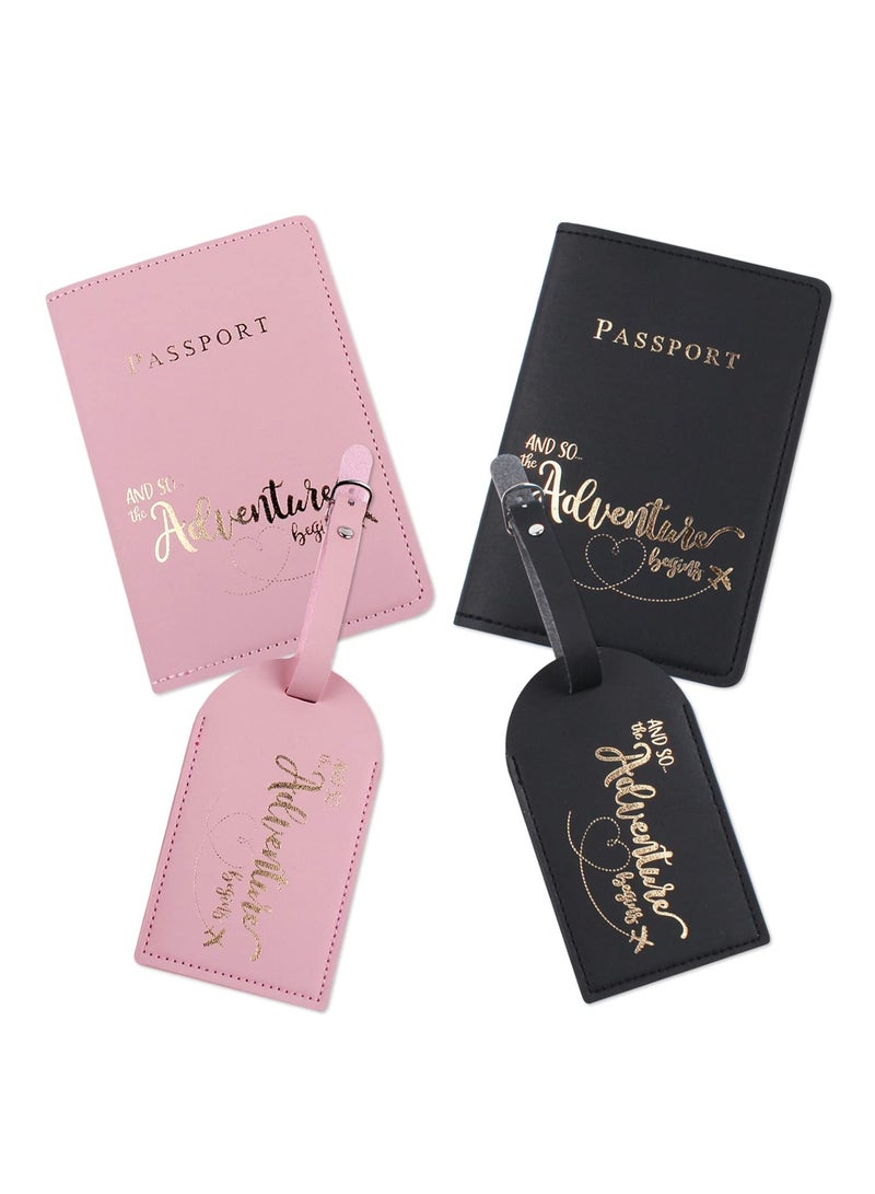 Passport Covers and Luggage Tags Set, Passport Holder Travel Suitcase Tag Case Organizer for Storing Passport Business Cards Credit Cards Boarding Passes (2 Covers + 2 Tags)