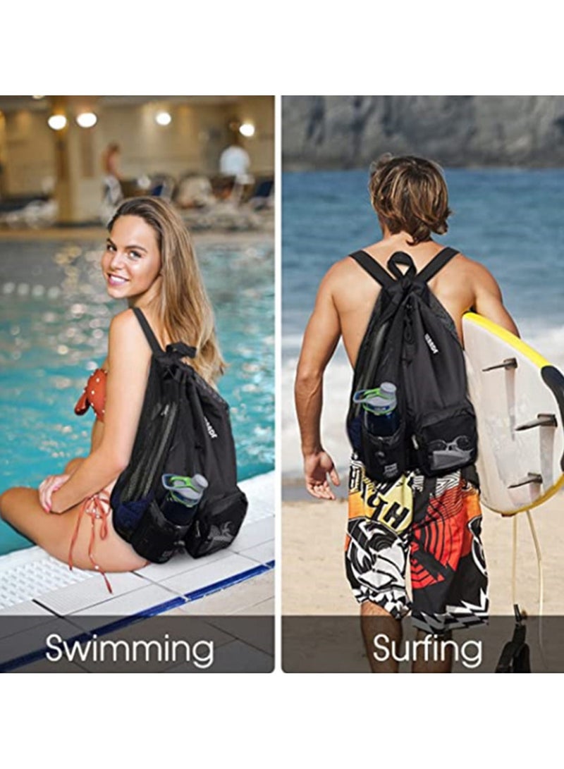 Drawstring Backpack Large With Two Zipper Pockets and Water Bottle Mesh Pockets for Swim, Gym and Workout Gear, Black