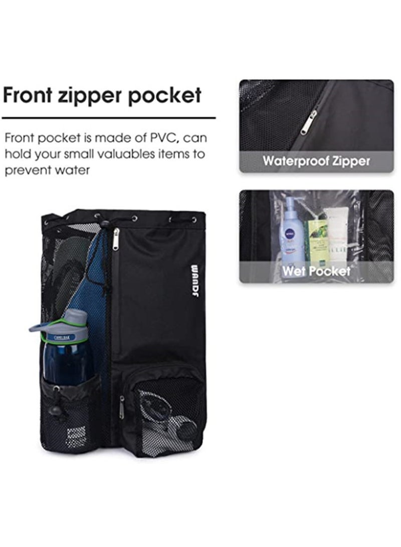 Drawstring Backpack Large With Two Zipper Pockets and Water Bottle Mesh Pockets for Swim, Gym and Workout Gear, Black