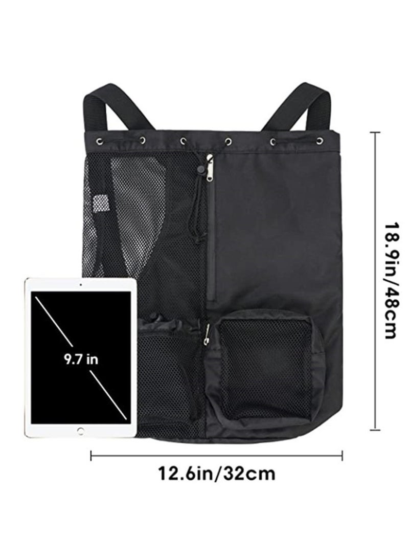 Drawstring Backpack Large With Two Zipper Pockets and Water Bottle Mesh Pockets for Swim, Gym and Workout Gear, Black