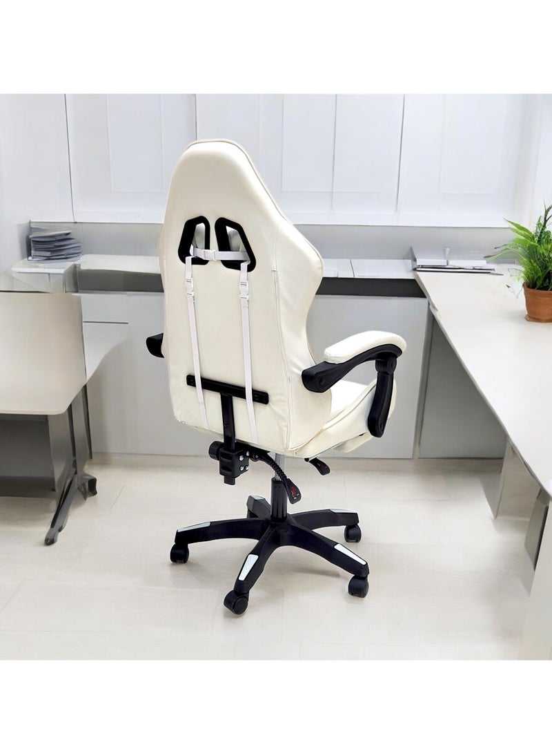 SBF High Back Gaming Chair with Footrest - Premium Leather, Padded Armrests, Adjustable Height, Headrest Cushion & Reclining Backrest, Swivel Office Computer Chair, White