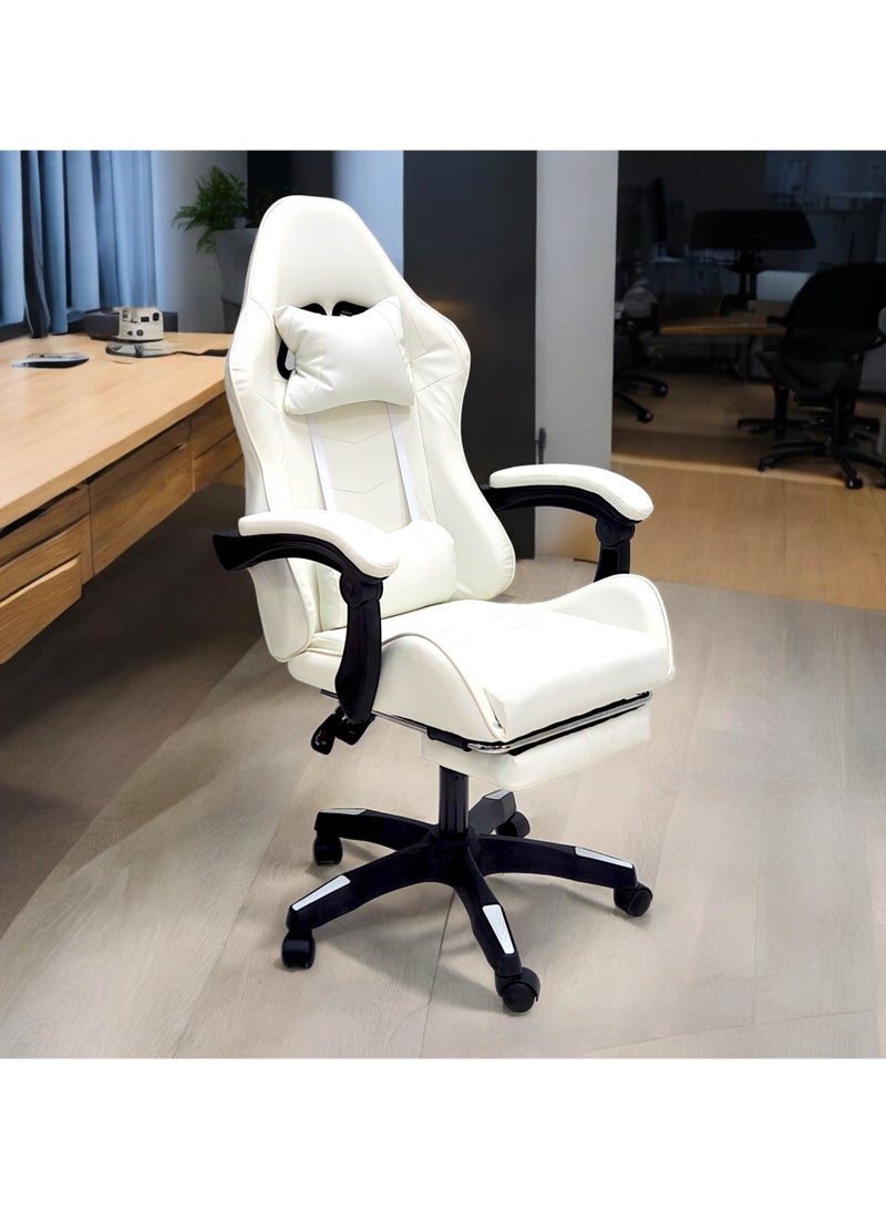 SBF High Back Gaming Chair with Footrest - Premium Leather, Padded Armrests, Adjustable Height, Headrest Cushion & Reclining Backrest, Swivel Office Computer Chair, White