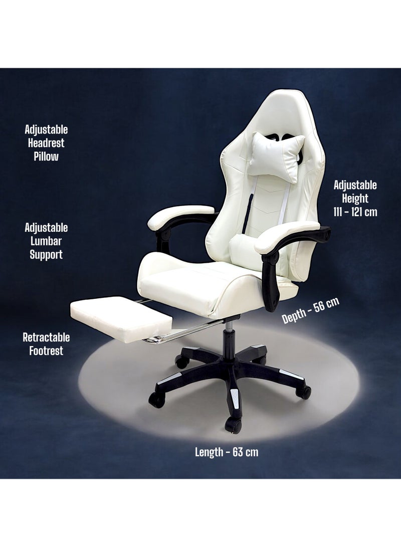 SBF High Back Gaming Chair with Footrest - Premium Leather, Padded Armrests, Adjustable Height, Headrest Cushion & Reclining Backrest, Swivel Office Computer Chair, White