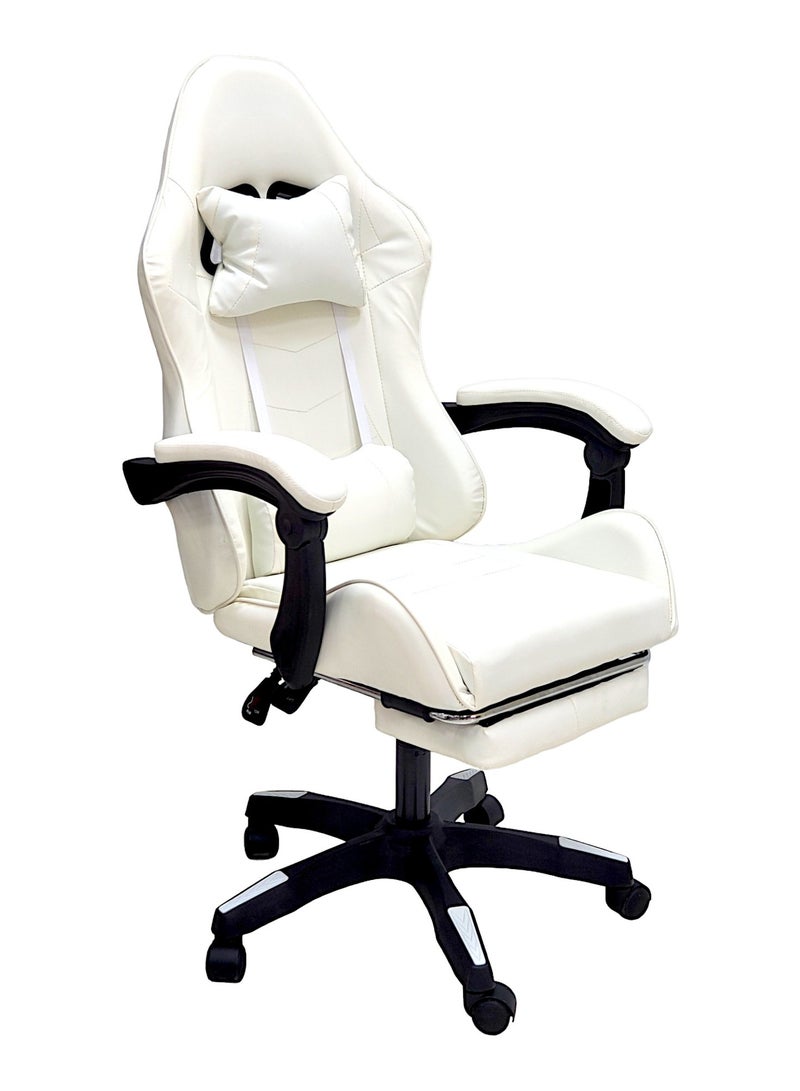 SBF High Back Gaming Chair with Footrest - Premium Leather, Padded Armrests, Adjustable Height, Headrest Cushion & Reclining Backrest, Swivel Office Computer Chair, White