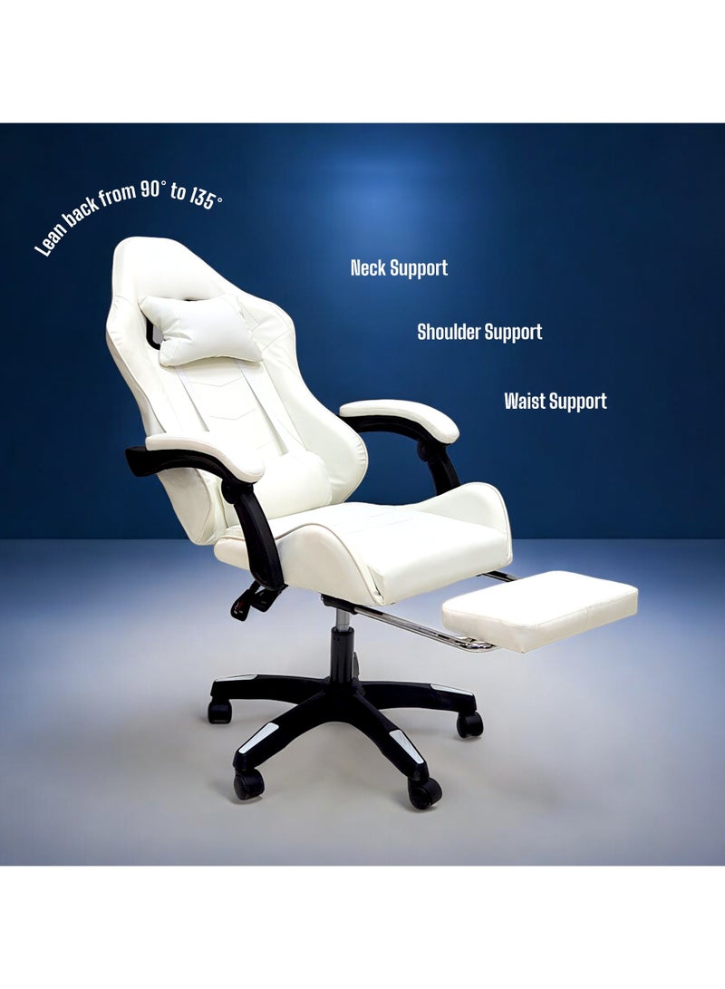 SBF High Back Gaming Chair with Footrest - Premium Leather, Padded Armrests, Adjustable Height, Headrest Cushion & Reclining Backrest, Swivel Office Computer Chair, White