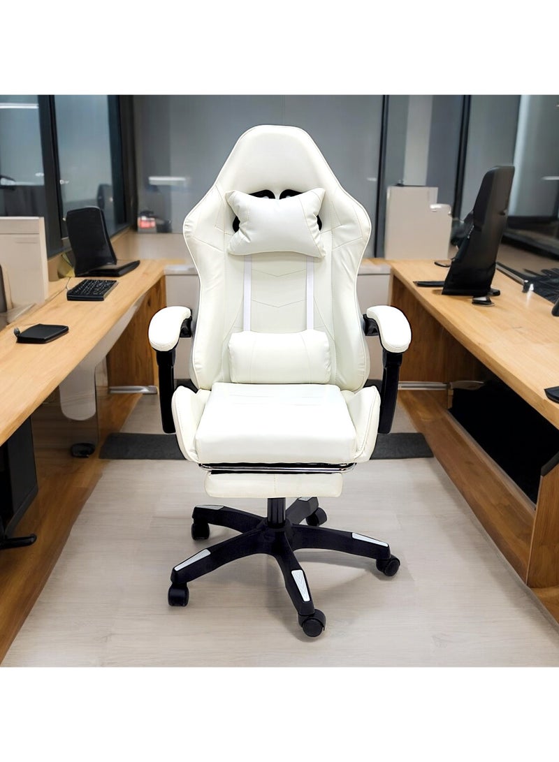 SBF High Back Gaming Chair with Footrest - Premium Leather, Padded Armrests, Adjustable Height, Headrest Cushion & Reclining Backrest, Swivel Office Computer Chair, White