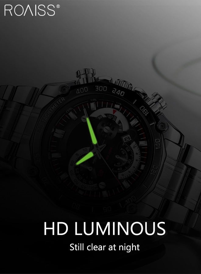 Men's Stainless Steel Strap Quartz Watch Analog Display Round Black Dial with Decorative Small Dials Waterproof Luminous Wristwatch as Gift for Men