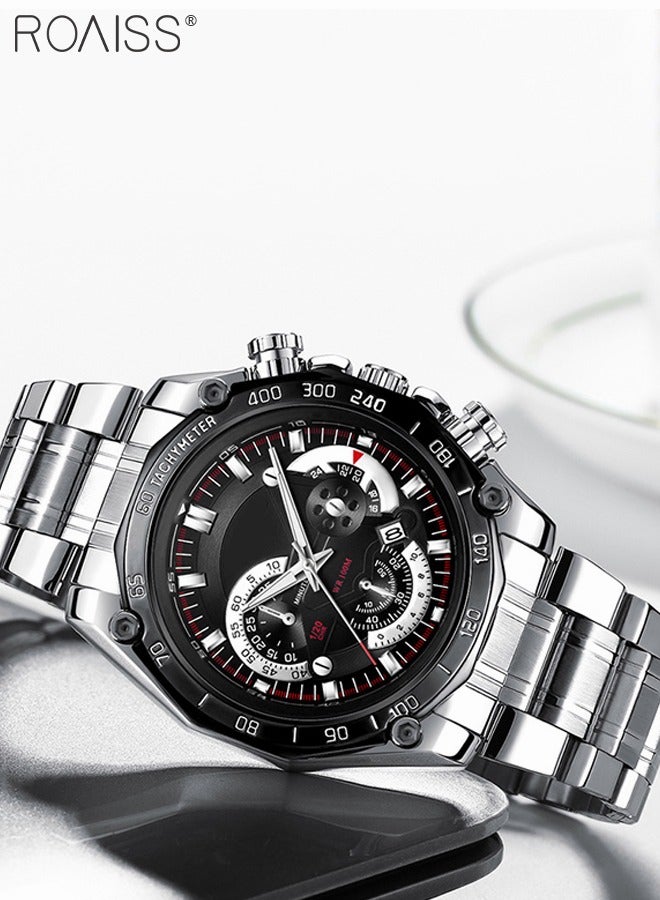 Men's Stainless Steel Strap Quartz Watch Analog Display Round Black Dial with Decorative Small Dials Waterproof Luminous Wristwatch as Gift for Men