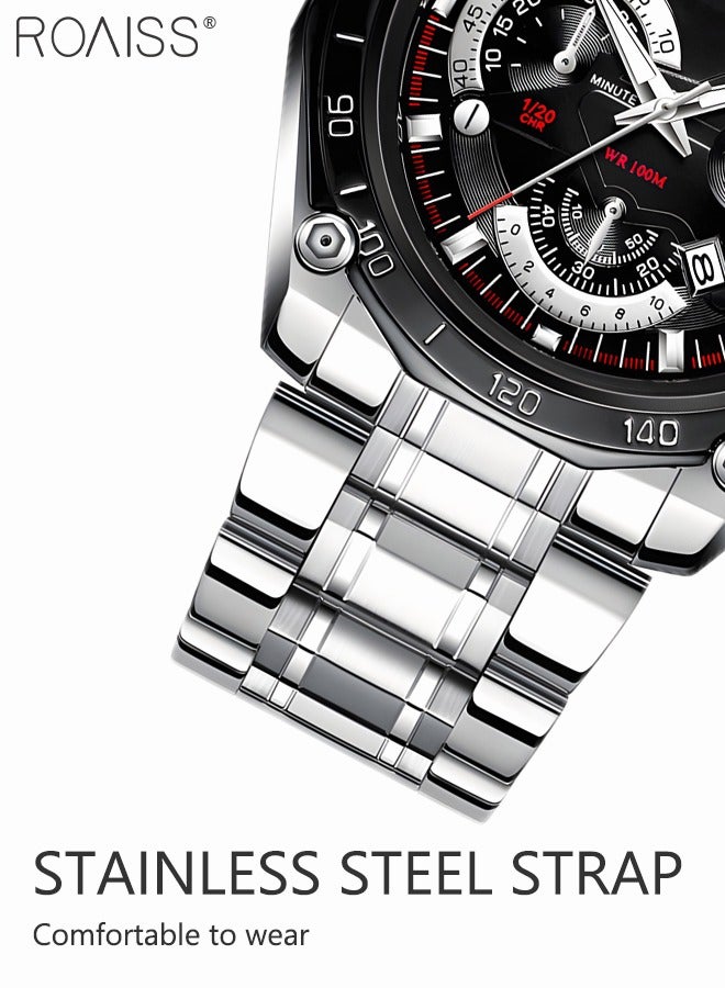 Men's Stainless Steel Strap Quartz Watch Analog Display Round Black Dial with Decorative Small Dials Waterproof Luminous Wristwatch as Gift for Men