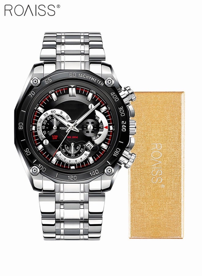Men's Stainless Steel Strap Quartz Watch Analog Display Round Black Dial with Decorative Small Dials Waterproof Luminous Wristwatch as Gift for Men