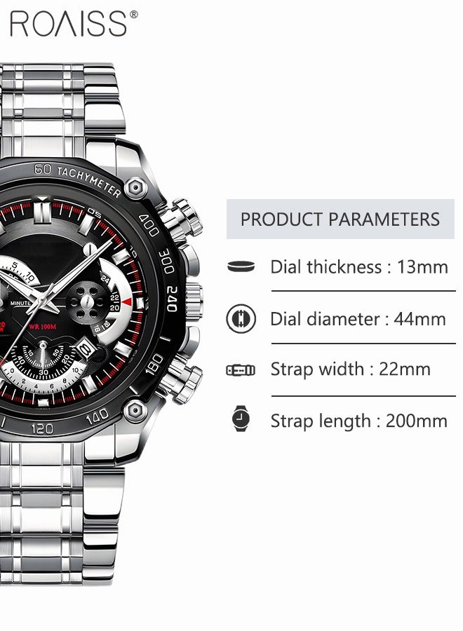 Men's Stainless Steel Strap Quartz Watch Analog Display Round Black Dial with Decorative Small Dials Waterproof Luminous Wristwatch as Gift for Men