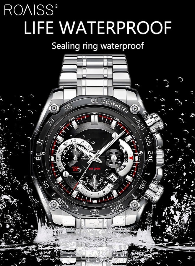 Men's Stainless Steel Strap Quartz Watch Analog Display Round Black Dial with Decorative Small Dials Waterproof Luminous Wristwatch as Gift for Men