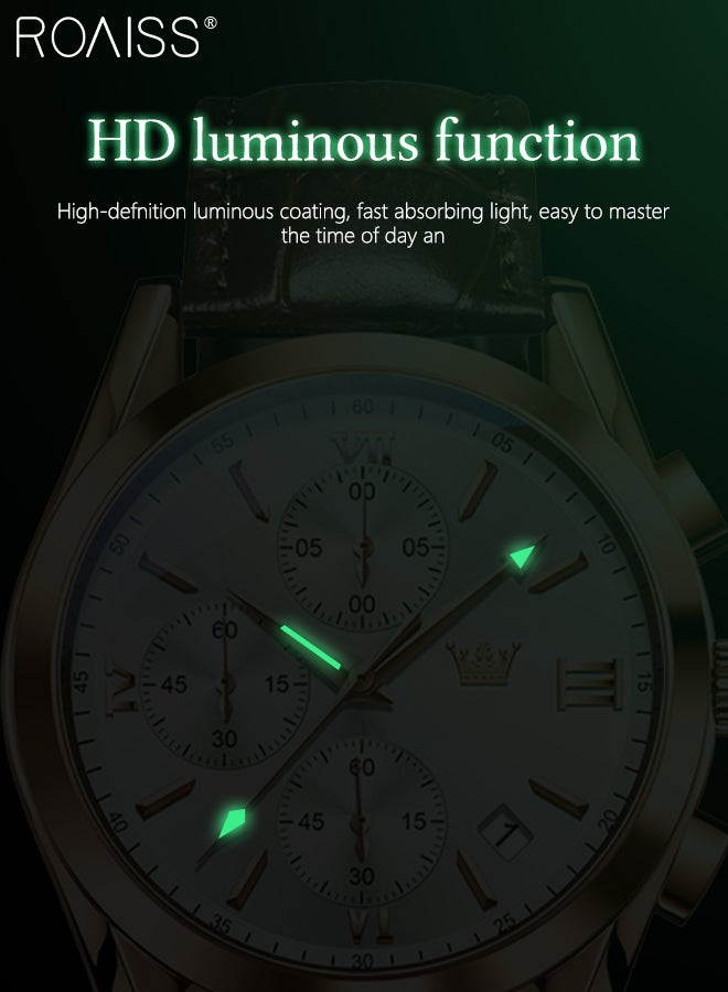 Men's Leather Strap Chronograph Quartz Watch Round White Dial with Rose Gold Bezel Waterproof Luminous Wristwatch as Gift for Men