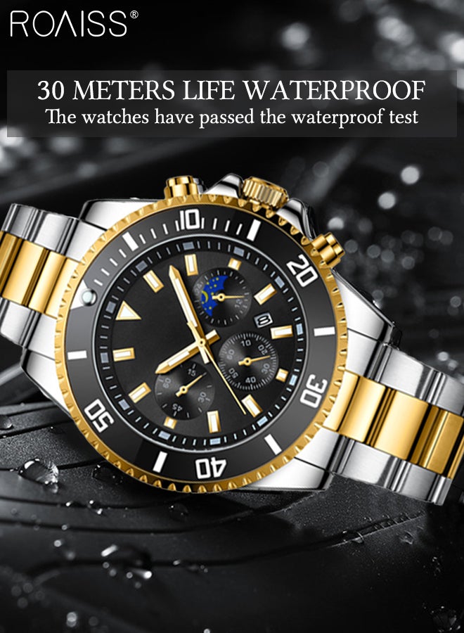 Men's Stainless Steel Waterproof Watch with Analog Display and Quartz Movement, Fashion Casual Business Watches for Men Classic Luminous Wristwatch with Moon Phase