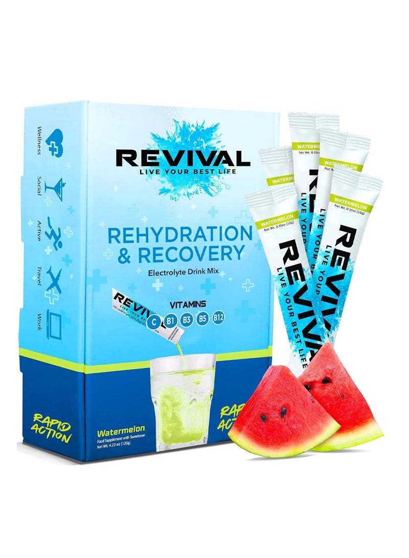 Revival Rapid Rehydration Electrolytes Powder - High Strength Vitamin C, B1, B3, B5, B12 Supplement hydration Drink 10 gm/stick watermelon