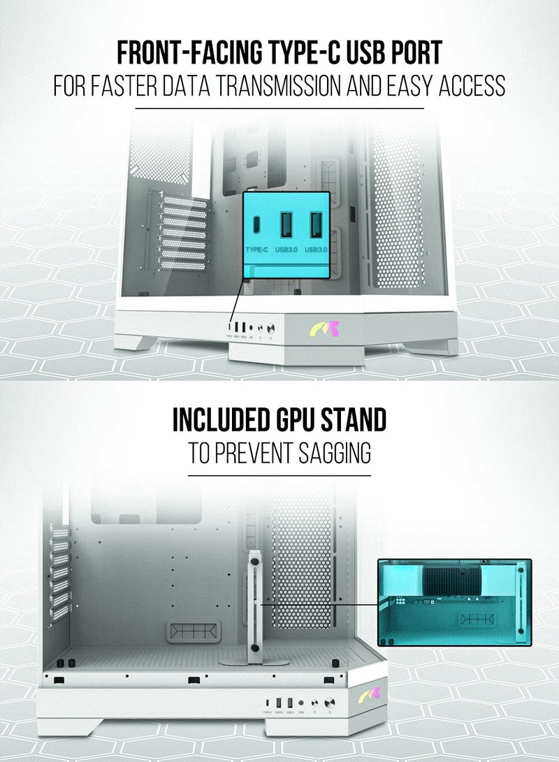 Tortox Prism Triple Glass Panel ATX/M-ATX Gaming PC Case with 7*ARGB PWM Fans, Type-C USB Port, Supports 360MM Radiator, 7 Expansion Slot, Included GPU stand- Gaming Case