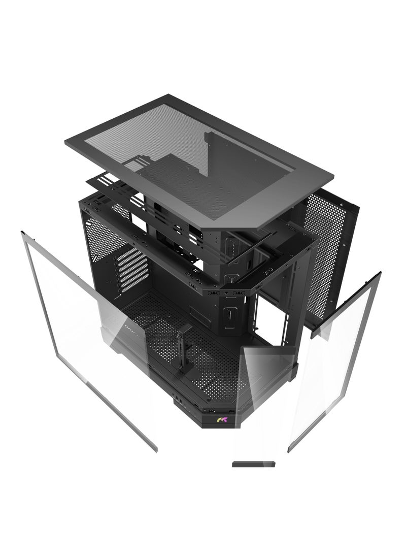 Tortox Prism Triple Glass Panel ATX/M-ATX Gaming PC Case with 7*ARGB PWM Fans, Type-C USB Port, Supports 360MM Radiator, 7 Expansion Slot, Included GPU stand- Gaming Case