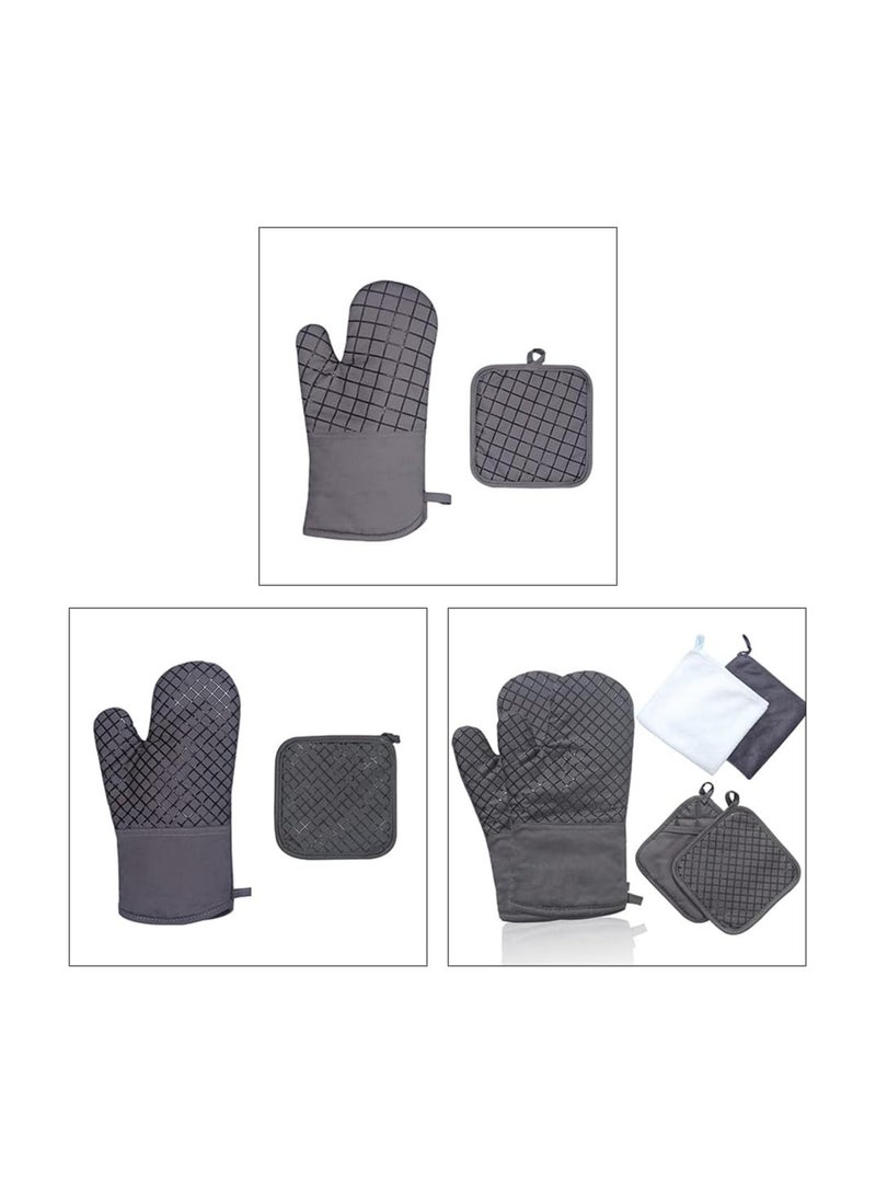 Oven Mitts and Pot Holders Sets, 550°F High Heat Resistant Oven Mitts with Kitchen Towels Thick Cotton Oven Gloves with Non-Slip Silicone for Cooking and Baking (6Pcs, Dark Gray Small Grid)