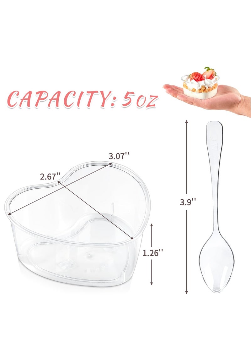 Heart Shaped Dessert Cups with Lids and Spoons, 5 oz Mini Dessert Shooter Cups Cute Plastic Parfait Cups for Valentine's Day Party Wedding Serving Cheesecake Mousse Pudding (50 Pack)