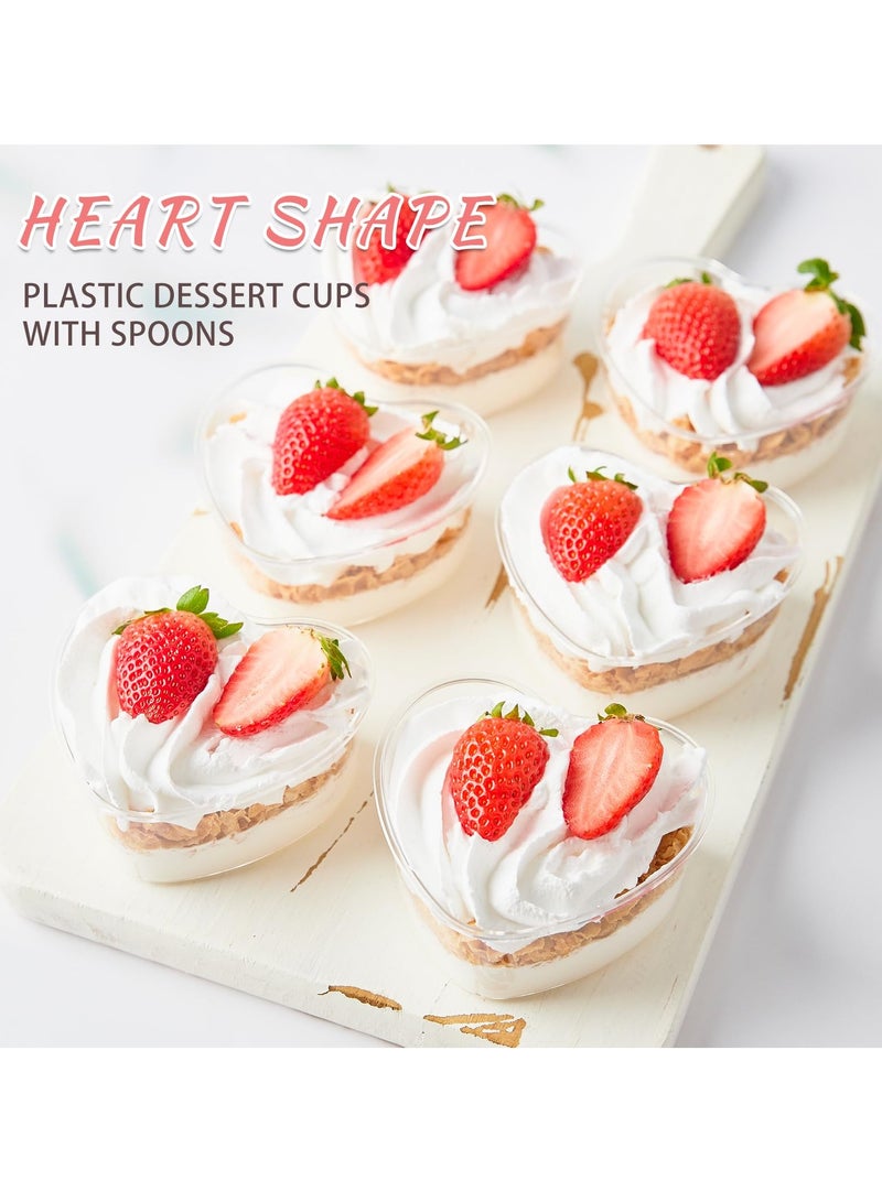 Heart Shaped Dessert Cups with Lids and Spoons, 5 oz Mini Dessert Shooter Cups Cute Plastic Parfait Cups for Valentine's Day Party Wedding Serving Cheesecake Mousse Pudding (50 Pack)