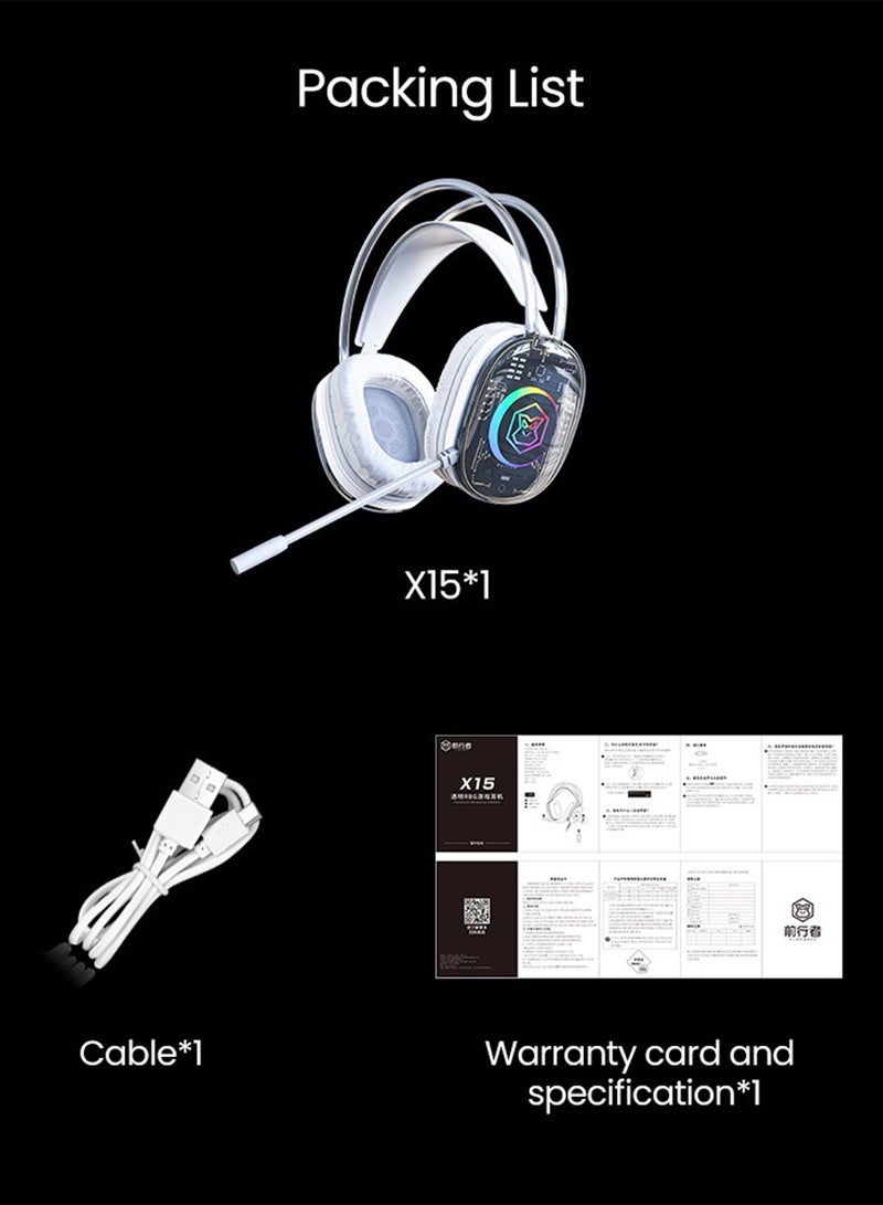 X15 USB Wired Headset 7.1 Surround Sound Gaming Transparent RGB Headphone With Mic