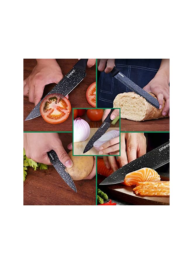 6Pcs Chef Kitchen Knife Set, Wheat Spot Stainless Steel Kitchen Knives w/Vegetable Peeler, Non-stick Sharp Blades w/Safe & Sturdy Handles for Slicing Dicing Chopping Paring Cutting (Black)