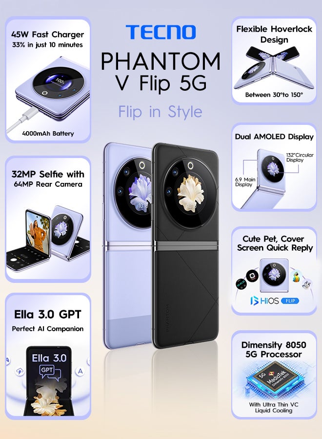 Phantom V Flip 5G Iconic Black Dual SIM 8GB RAM 256GB - Middle East Version