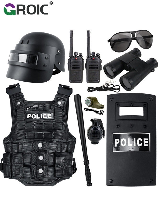 11Pcs Police Costume Toys, Police Accessories Role Play Set, Policeman Pretend Play Set for Kids, Includes Plastic Baton and Binoculars, Adjustable Belt, Sunglasses, Walkie Talkie, Whistle & More