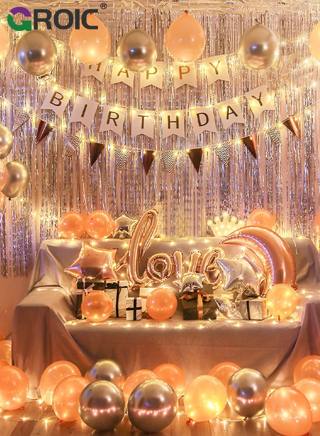 Party Birthday Balloons Supplies, Rose Gold Birthday Party Decorations, Happy Birthday Banner, Rose Gold Fringe Curtain, Star Foil Confetti Balloons for Women Girls Birthday Princess Party