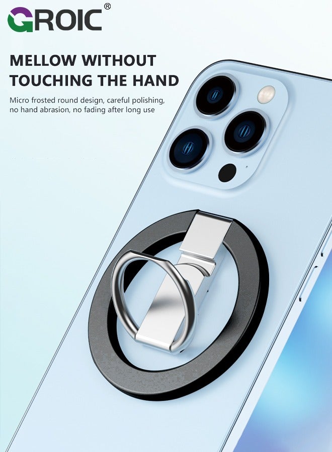 Magnetic Phone Ring Holder, 360° Rotating Phone Grip for MagSafe, Adjustable Finger Ring Stand Compatible for iPhone 12/13/14/15, iPhone Series & Android Devices Use with Iron Ring-Black