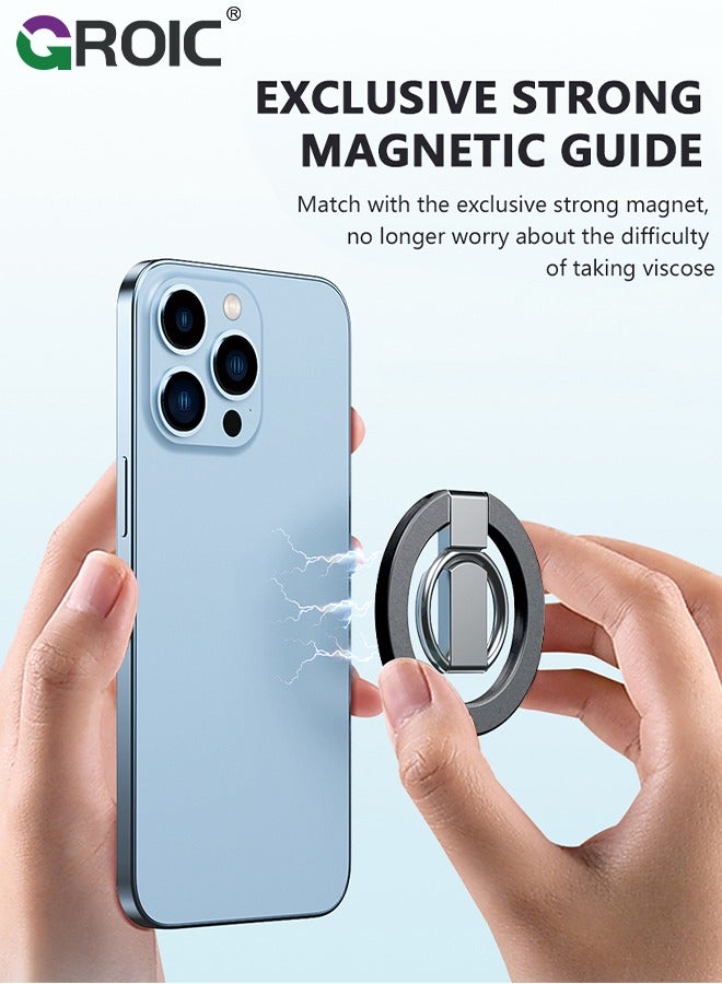 Magnetic Phone Ring Holder, 360° Rotating Phone Grip for MagSafe, Adjustable Finger Ring Stand Compatible for iPhone 12/13/14/15, iPhone Series & Android Devices Use with Iron Ring-Black