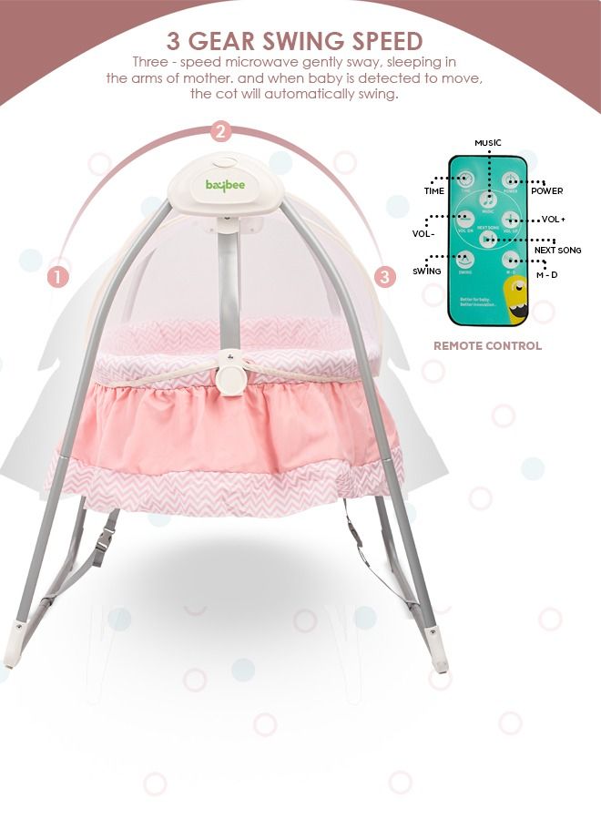 Wanda Electric Swing Cradle for Baby Automatic Swing Baby Cradle with Mosquito Net Remote Toy Bar Music Baby Swing Cradle for Baby 0 to 2 Years Boys Pink