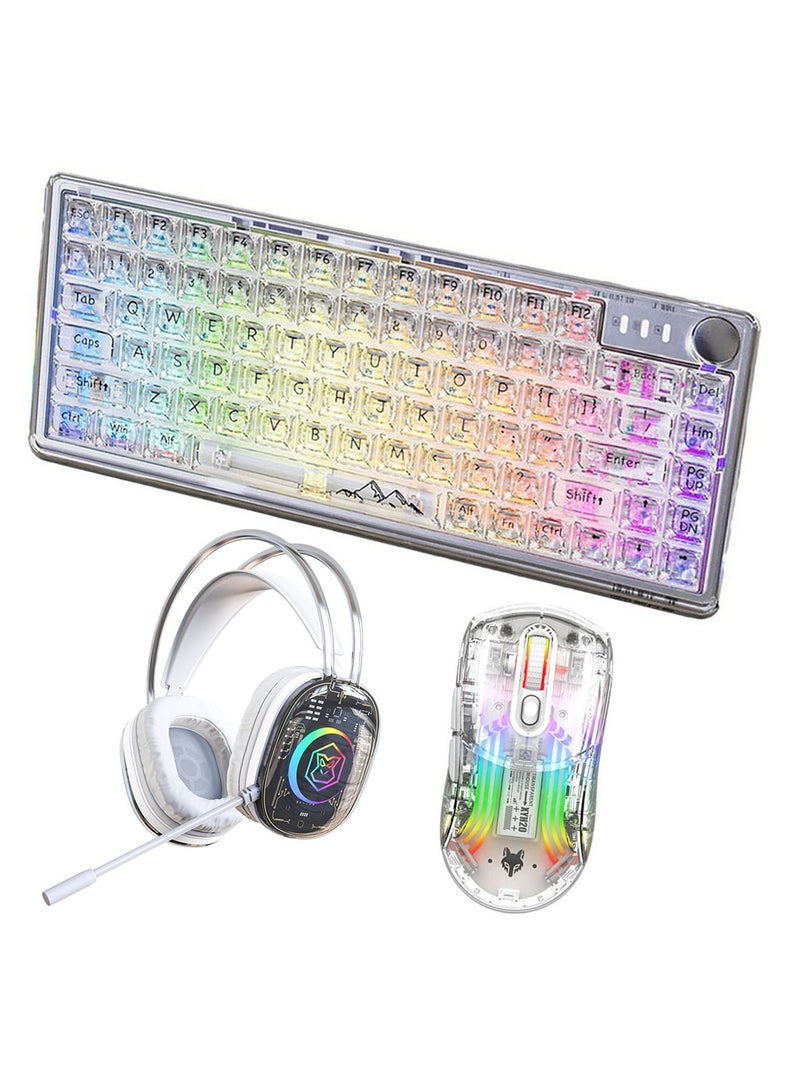 Wireless Keyboard and Mouse with wired Headphone Set Transparent RGB Mechanical Dual Mode Rechargeable USB Computer Gaming Keyboard Set