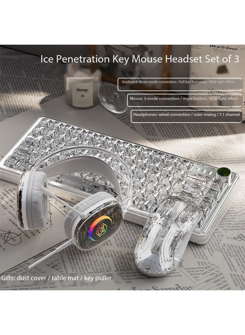 Wireless Keyboard and Mouse with wired Headphone Set Transparent RGB Mechanical Dual Mode Rechargeable USB Computer Gaming Keyboard Set