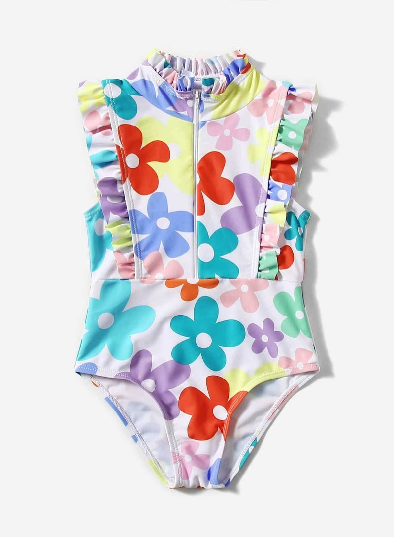 Toddler Girls Floral Print Ruffle Trim One Piece Swimsuit