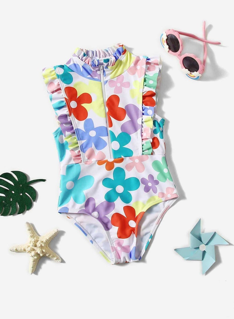 Toddler Girls Floral Print Ruffle Trim One Piece Swimsuit