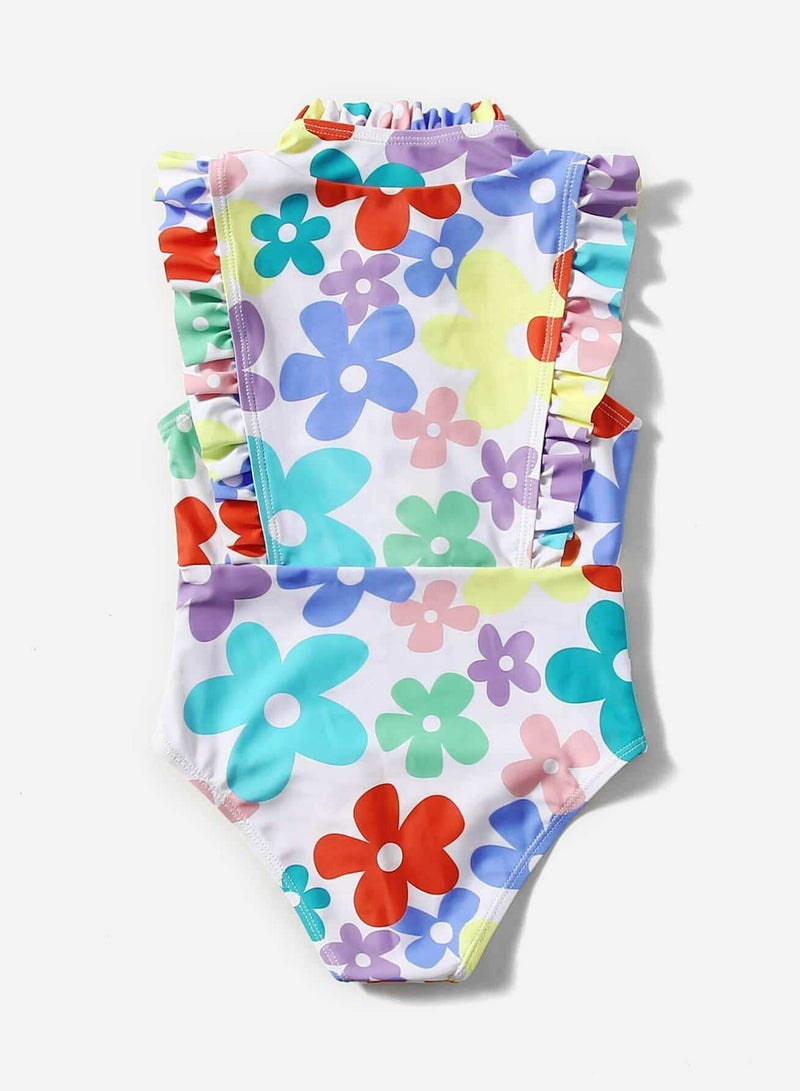 Toddler Girls Floral Print Ruffle Trim One Piece Swimsuit