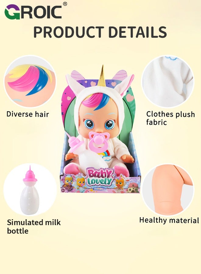 10 Inch Cute Cry Baby Doll Dreamy Interactive Realistic 3D Simulation Baby Doll, Normal, Drink and Cry Little Dolls with 4 Emotions Baby Sounds