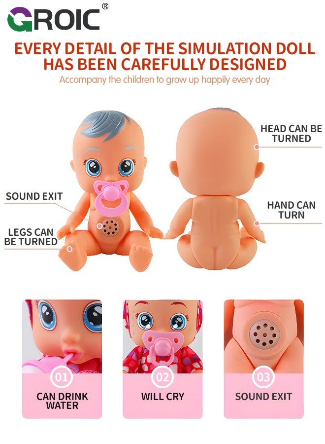 10 Inch Cute Cry Baby Doll Dreamy Interactive Realistic 3D Simulation Baby Doll, Normal, Drink and Cry Little Dolls with 4 Emotions Baby Sounds