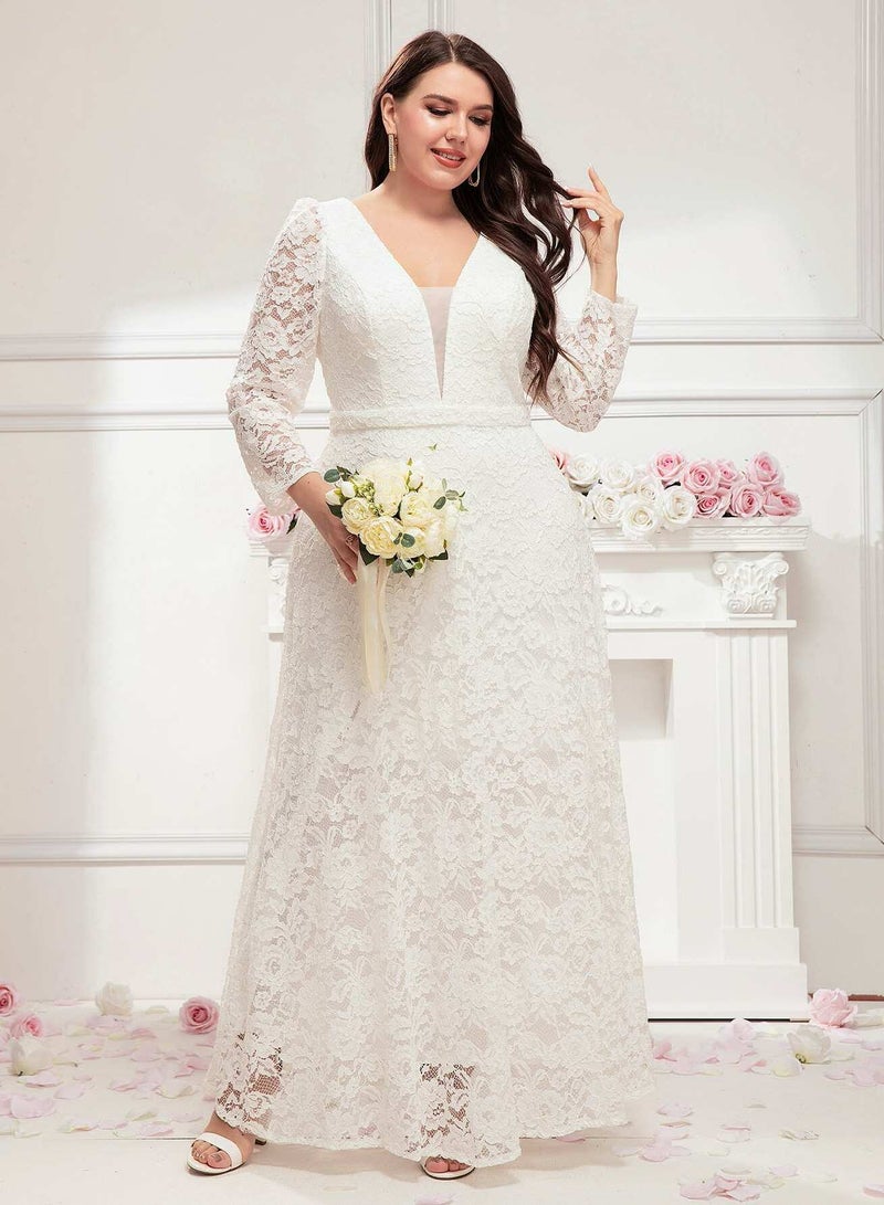 Plus Contrast Mesh Butterfly Sleeve Lace Wedding Dress