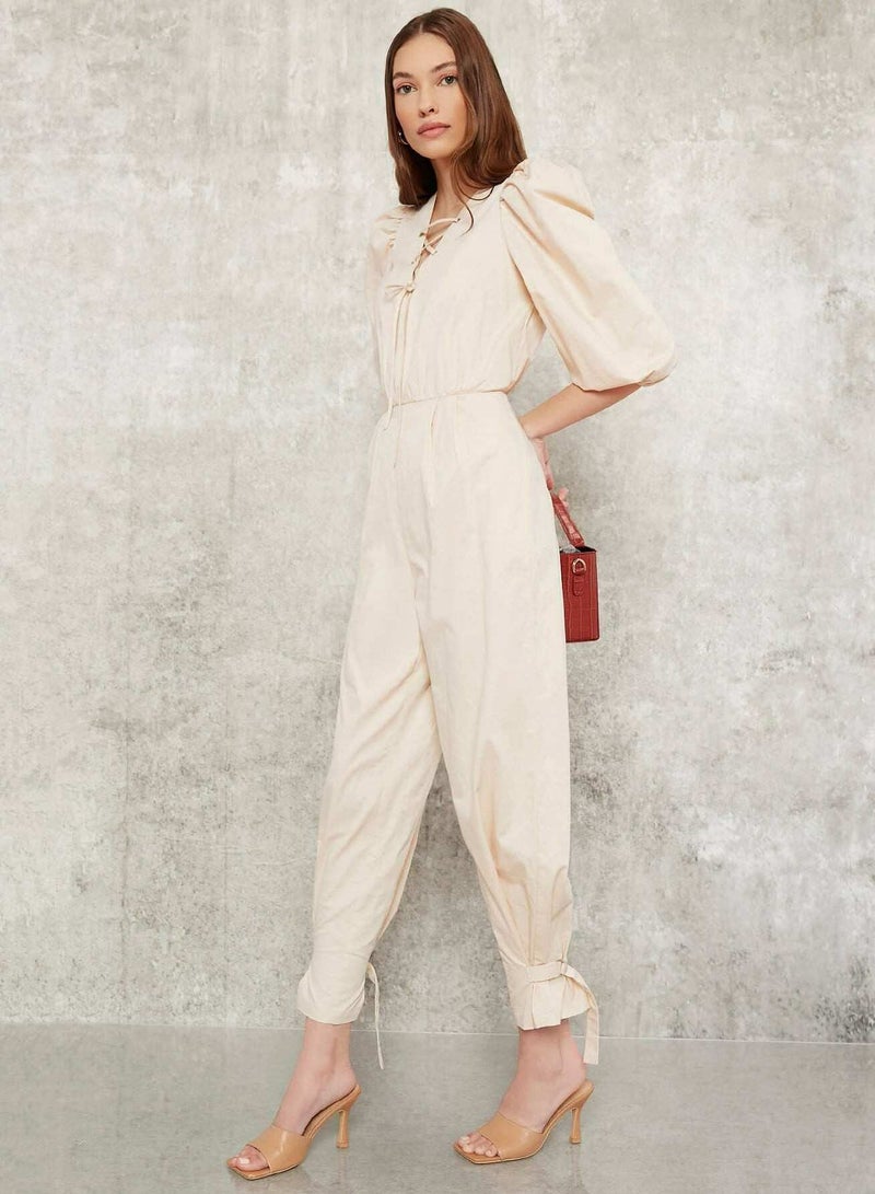 Lace Up Puff Sleeve Knot Hem Jumpsuit