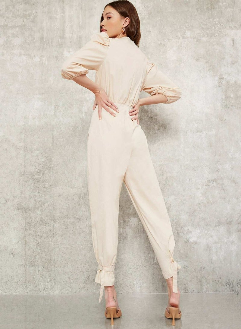 Lace Up Puff Sleeve Knot Hem Jumpsuit