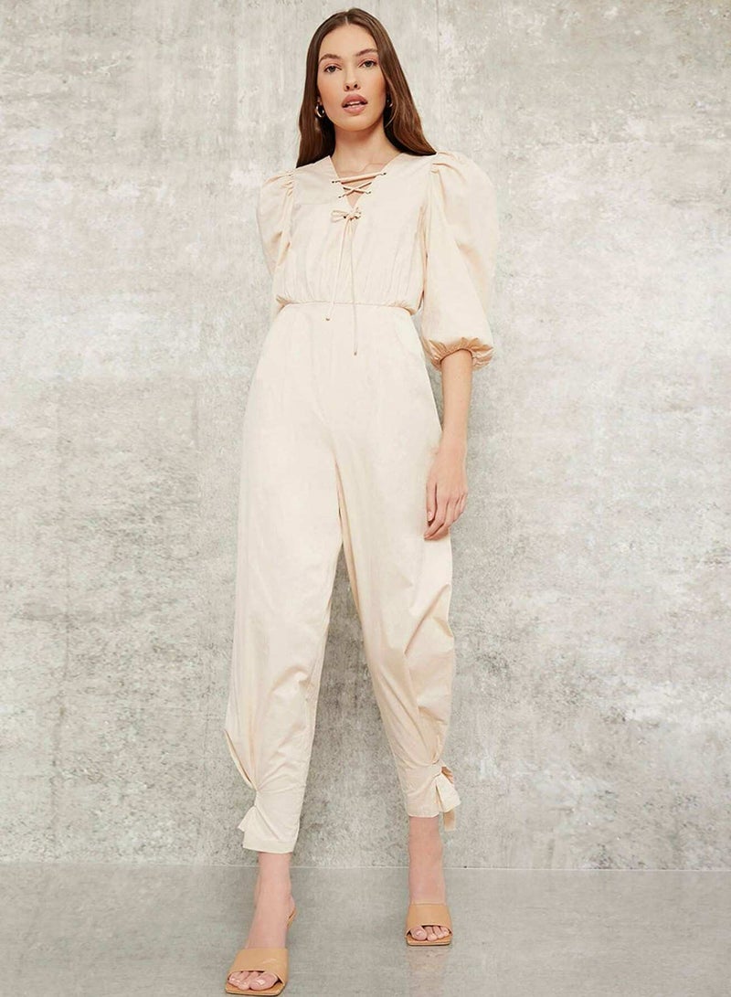 Lace Up Puff Sleeve Knot Hem Jumpsuit